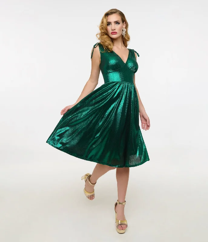 cocoa brown dress-Hell Bunny 1970s Green Metallic Gigi Midi Dress