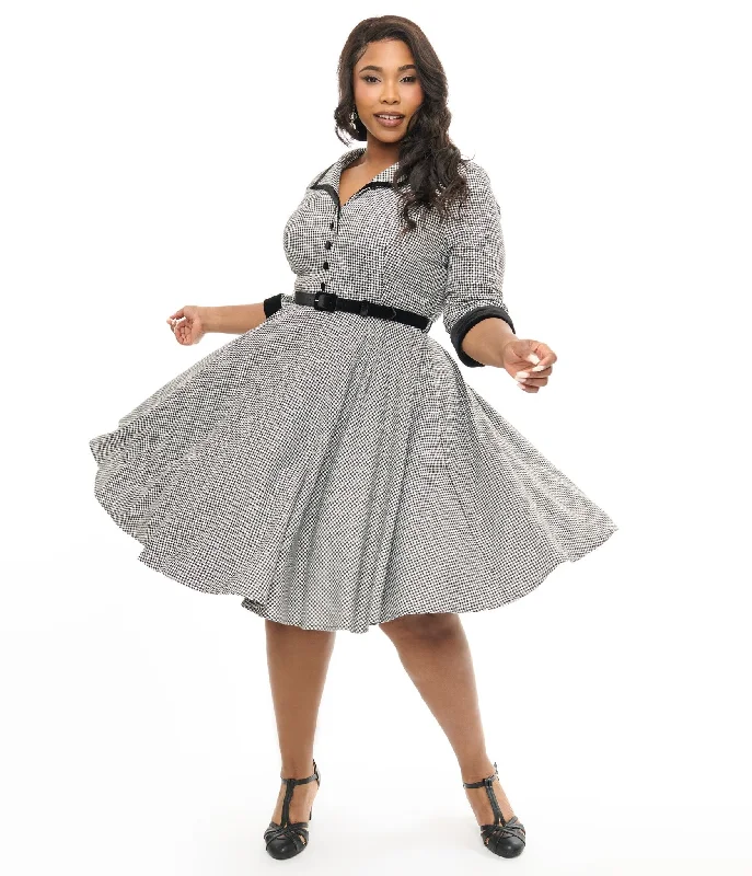 retro floral dress-Hell Bunny Plus Size 1950s Black & White Houndstooth Swing Dress