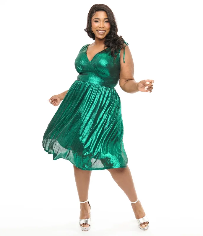 lilac tulle dress-Hell Bunny Plus Size 1970s Green Metallic Gigi Midi Dress