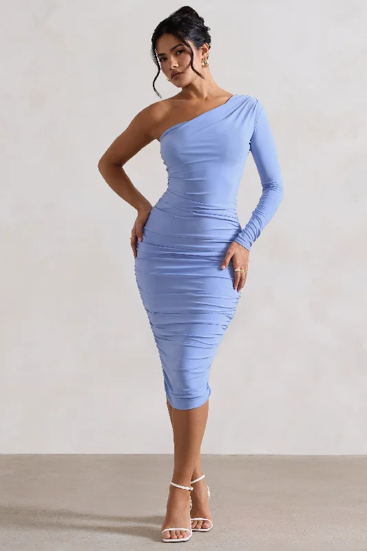 checked cocktail dress-In The Shadows | Coastline Blue One Sleeve Midi Dress With Ruching