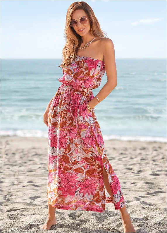 cocoa brown sundress-Strapless Maxi Dress  - Pink Multi