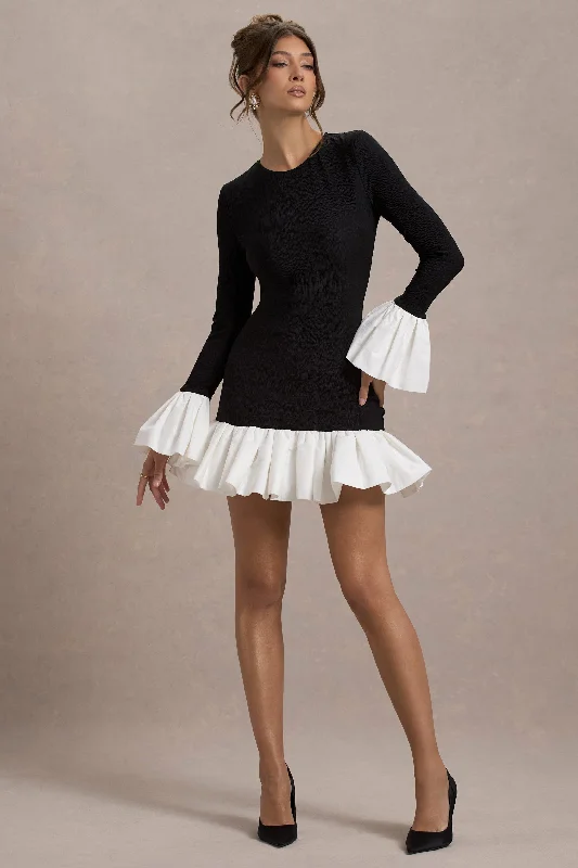 sparkling glitter dress-Josefina | Black Long-Sleeve Mini Dress With White Satin Trims