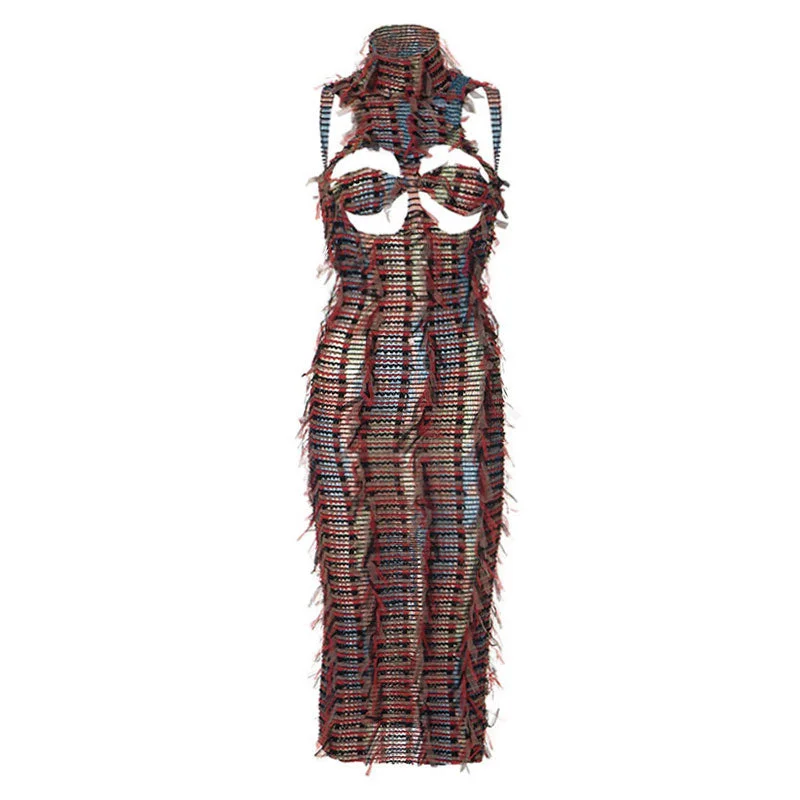 festive evening dress-Jungle Cutout Bra Backless Smocked Bodycon Fringe Sheer Mesh Midi Dress