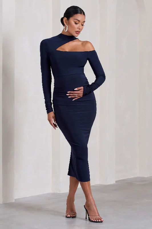 scalloped hem dress-Just Dream | Navy Asymmetric High-Neck Cut-Out Maternity Midi Dress