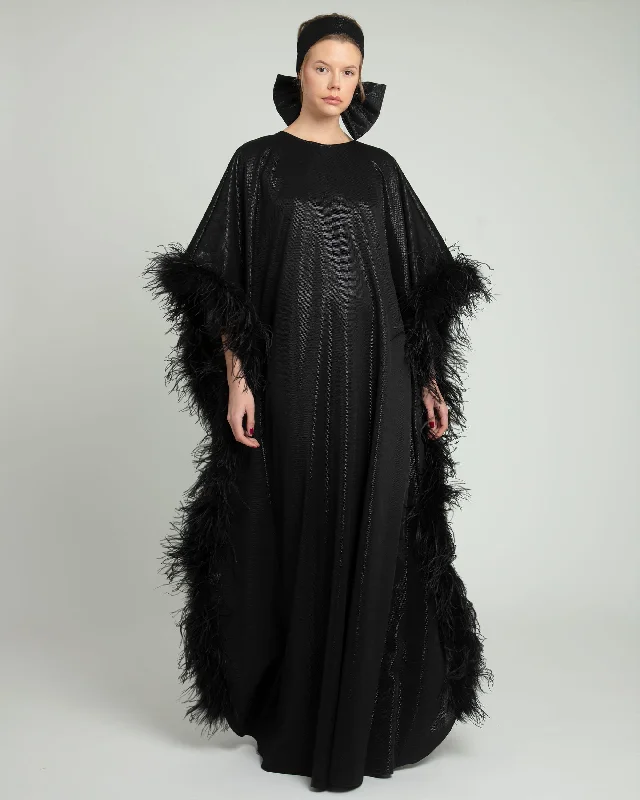 casual corduroy dress-Feathered Hem Long Kaftan