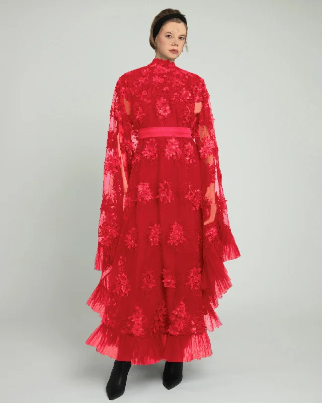 golden champagne dress-Embellished Red Kaftan with Belt