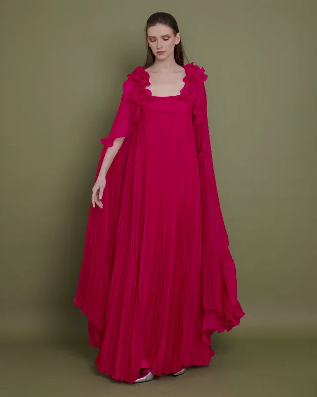 voluminous prom dress-Fully Pleated Fuchsia Kaftan