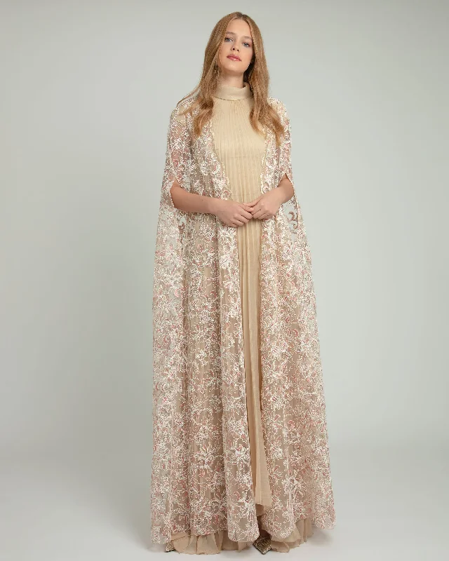 modern wrap dress-Pleated Kaftan with Embroidered Cape