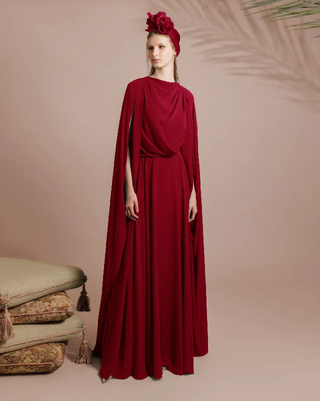 cut-out prom dress-Red Draped Chiffon Kaftan