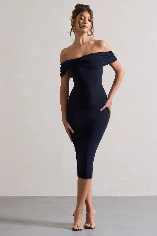 modern sundress-Keely | Navy Bodycon Twisted Bardot Midi Dress