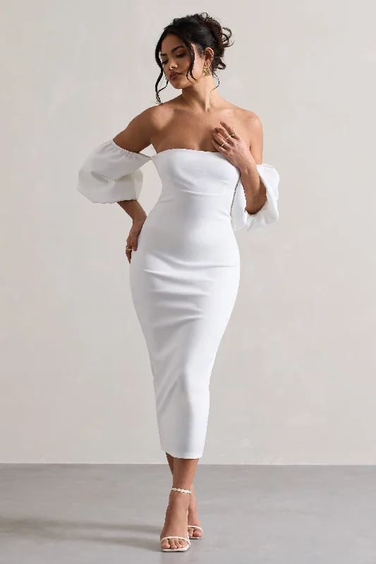 gathered waist dress-Keira | White Bardot Puff-Sleeve Midi Dress