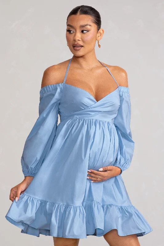 tropical midi dress-Kyra | Powder Blue Babydoll Maternity Mini Dress with Long Cold Shoulder Puff Sleeves