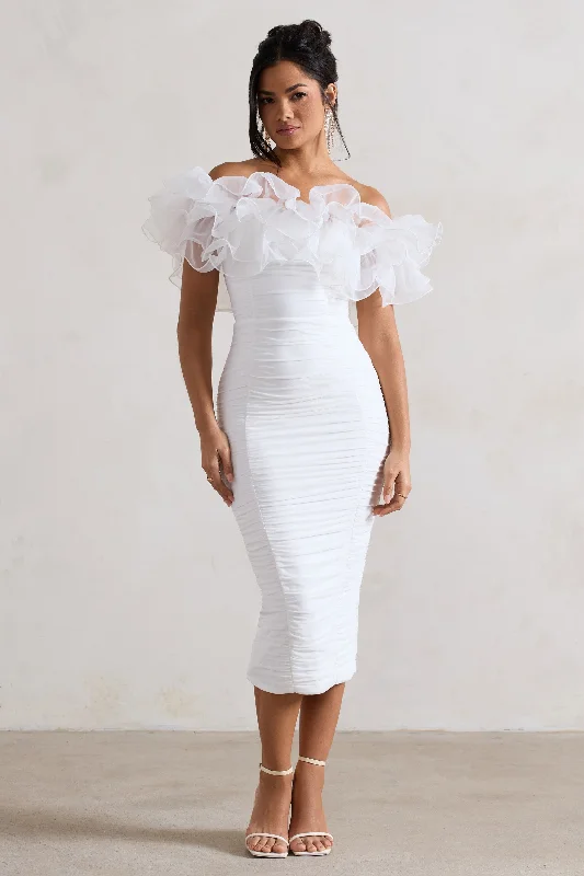 chiffon evening dress-Ladylike | White Ruched Bardot Midi Dress With Organza Trim