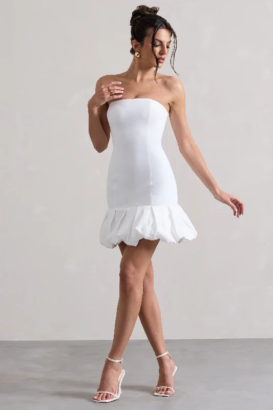 snap button dress-Liscia | White Bandeau Mini Dress With Ruffle Trim