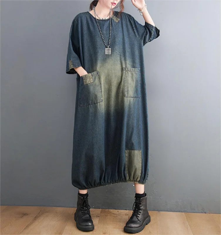 modern sundress-Loose Large Pocket Patchwork Denim Midi Dresses