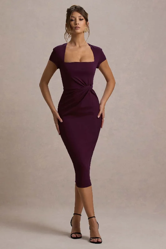 cap sleeve dress-Lorenzie | Plum Square-Neck Short-Sleeve Twist Midi Dress