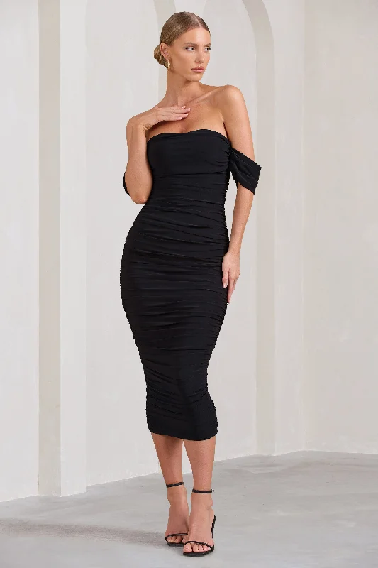 modern evening dress-Lost For Words | Black Bardot Ruched Draped Midi Dress