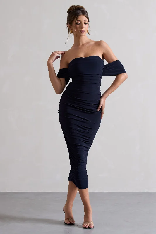 checked sundress-Lost For Words | Navy Bardot Ruched Draped Midi Dress