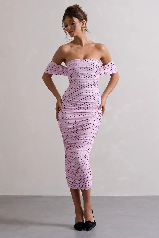 festive sequin dress-Lost For Words | Pink Polka Dot Bardot Ruched Draped Midi Dress