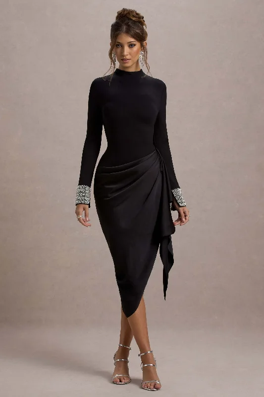 cut-out evening dress-Luanna | Black Satin Long-Sleeve Midi Dress With Draped Skirt