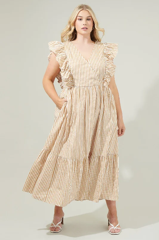 platinum silver dress-Luna Striped Fairness Taupe Poplin Surplice Midi Dress Curve