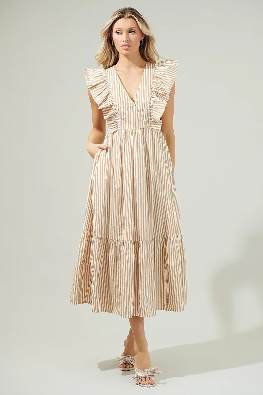 seafoam green dress-Luna Striped Fairness Taupe Poplin Surplice Midi Dress