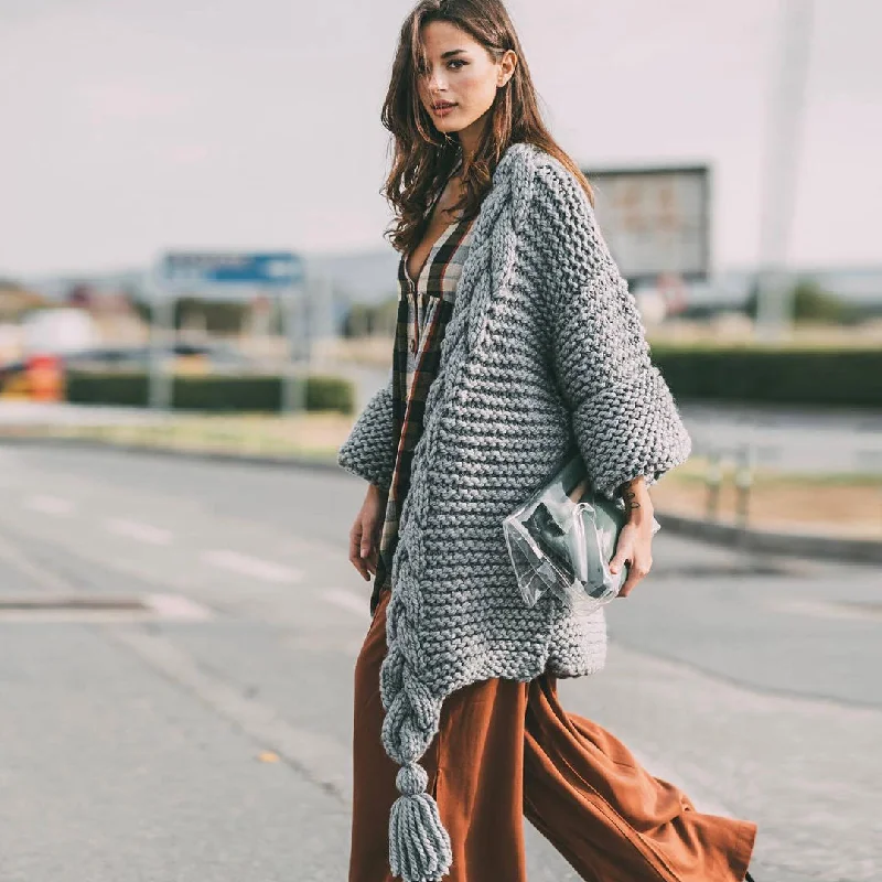 checked prom dress-Luxury Fringed Side Slit Long Sleeve Cable Knit Cardigan - Gray