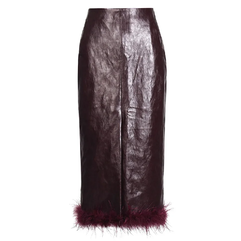 single strap sundress-Luxury High Waist Front Split Faux Feather Trim Vegan Leather Pencil Midi Skirt