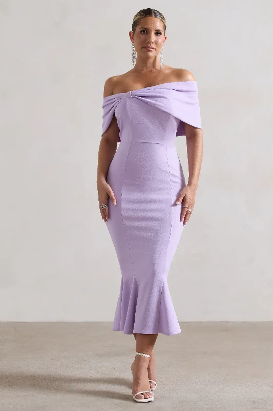 bell sleeve maxi dress-Lydia | Pastel Lilac Bardot Bow Detail Midi Dress