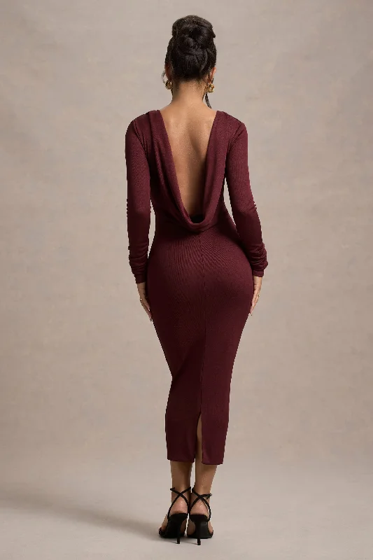 deep plunge evening dress-Madden | Plum Rib Knit Cowl-Back Midi Dress