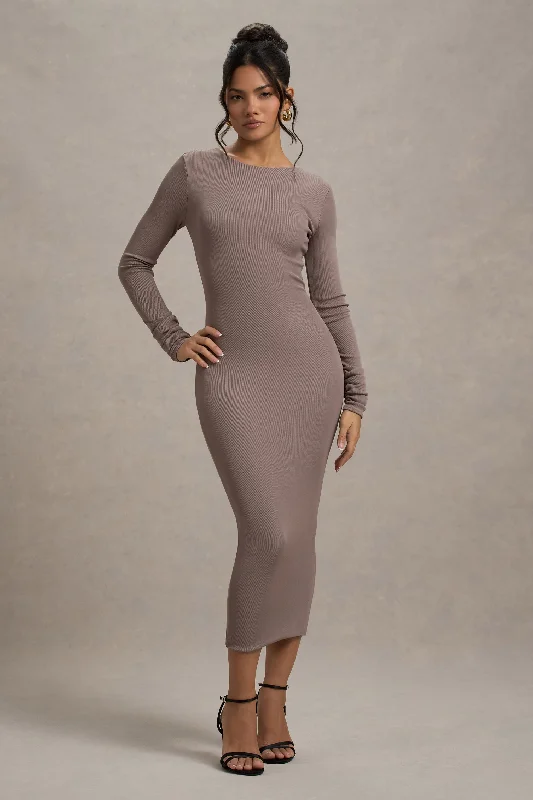 cinched ruched dress-Madden | Taupe Rib Knit Cowl-Back Midi Dress