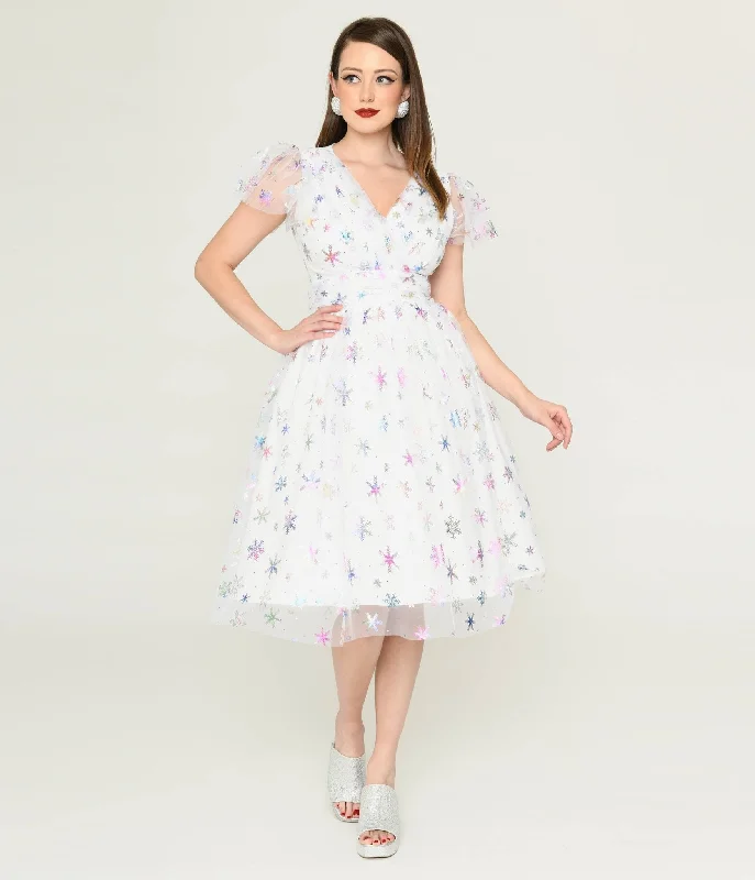 scalloped evening dress-Magnolia Place White & Sparkle Snowflake Midori Dress