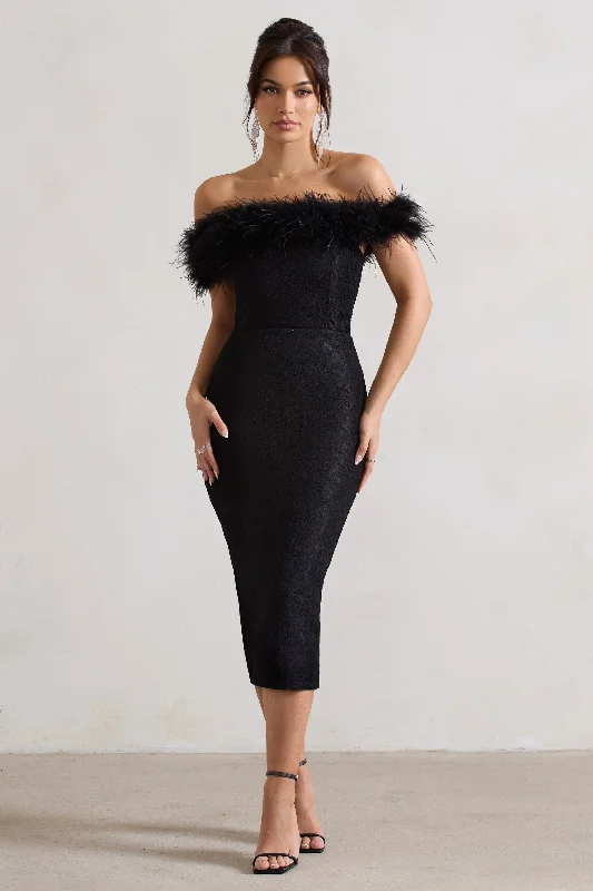 hand-stitched evening dress-Maiden | Black Lace Bardot Midi Dress With Feather Trim