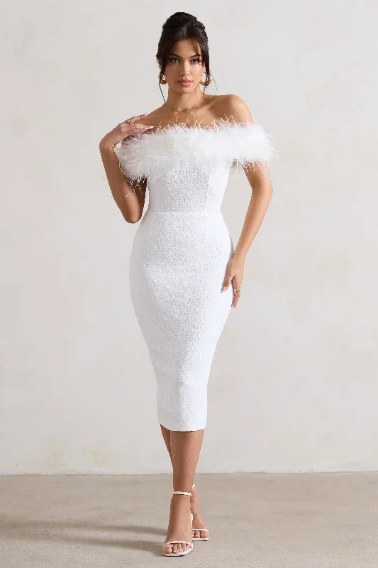 chiffon sundress-Maiden | White Lace Bardot Midi Dress With Feather Trim