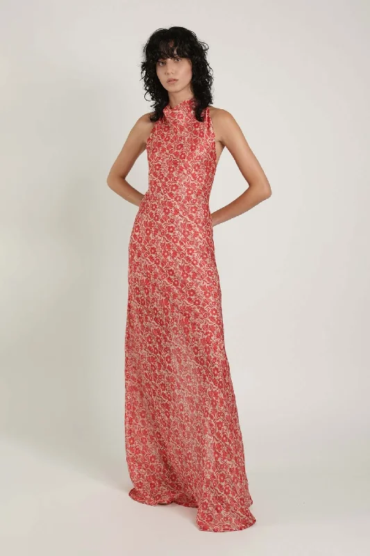 forest green prom dress-Marwa Halter Neck Maxi Dress W. Open Back Red Print Floral