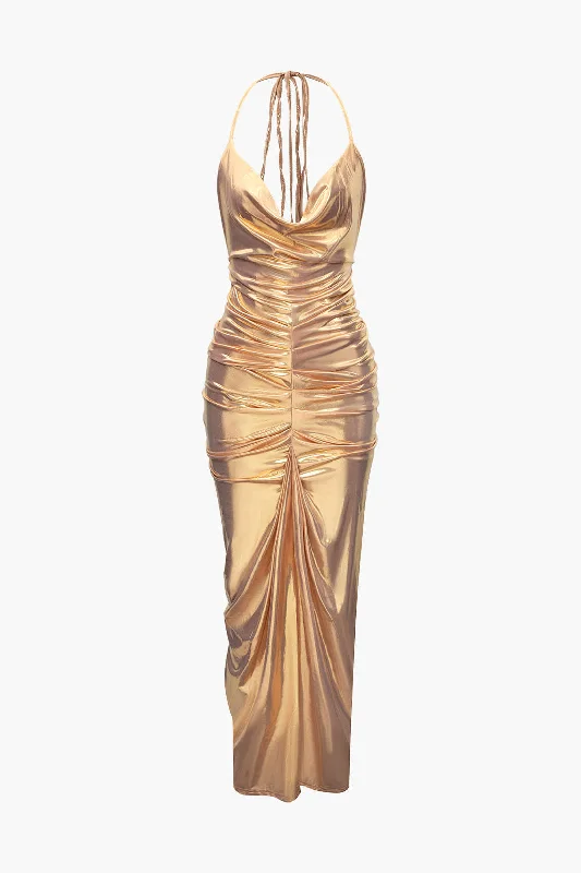 sparkling prom dress-Metallic Ruched Halter Maxi Dress