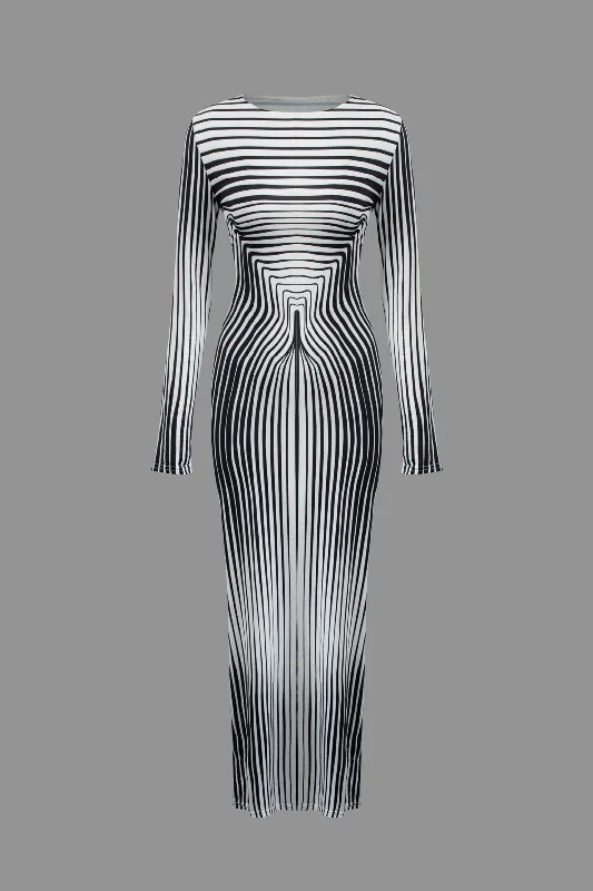 modern prom dress-Stripe Contrast Round Neck Long Sleeve Maxi Dress