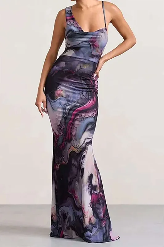 luxurious silk dress-Abstract Print Sleeveless Square Neck Maxi Dress