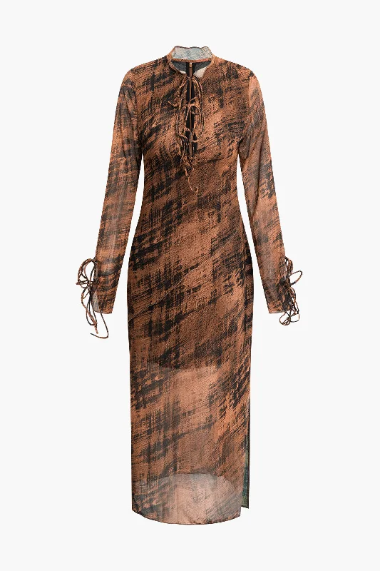 flared sundress-Abstract Print Lace-up Long Sleeve Maxi Dress