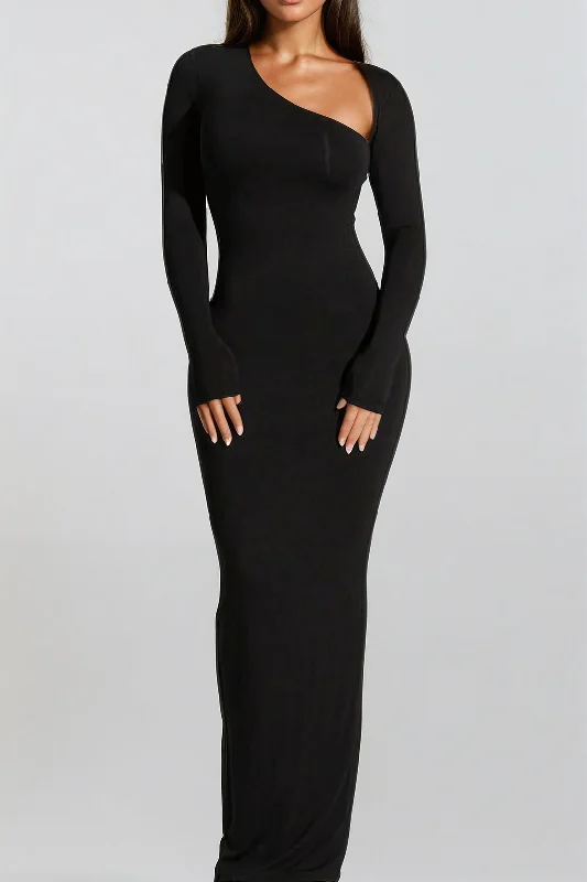 cut-out shoulder dress-Asymmetrical Neck Slit Maxi Dress