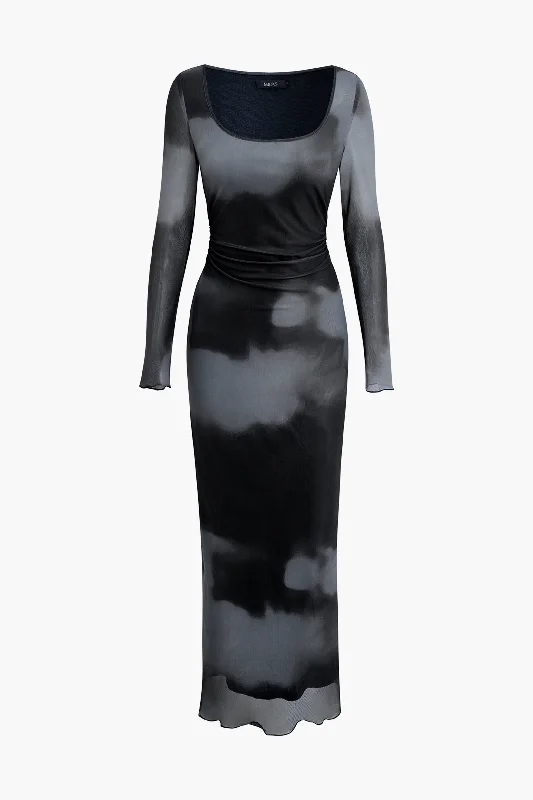 casual evening dress-Tie Dye U Neck Mesh Ruched Long Sleeve Maxi Dress