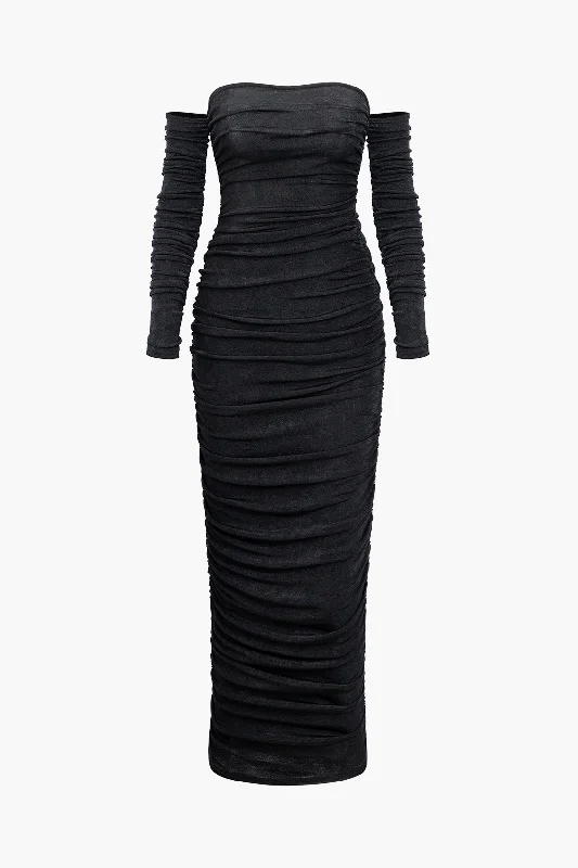 structured prom dress-Off-Shoulder Ruched Long Sleeve Maxi Dress