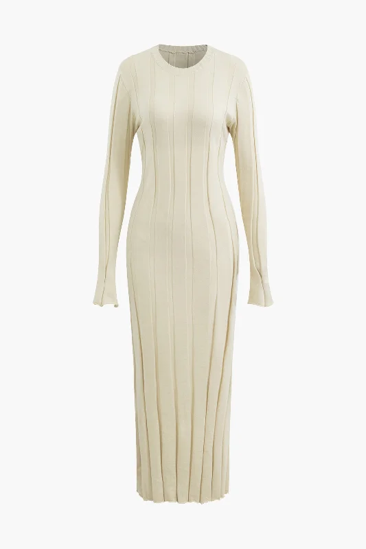 ivory sundress-Round Neck Long Sleeve Knit Maxi Dress