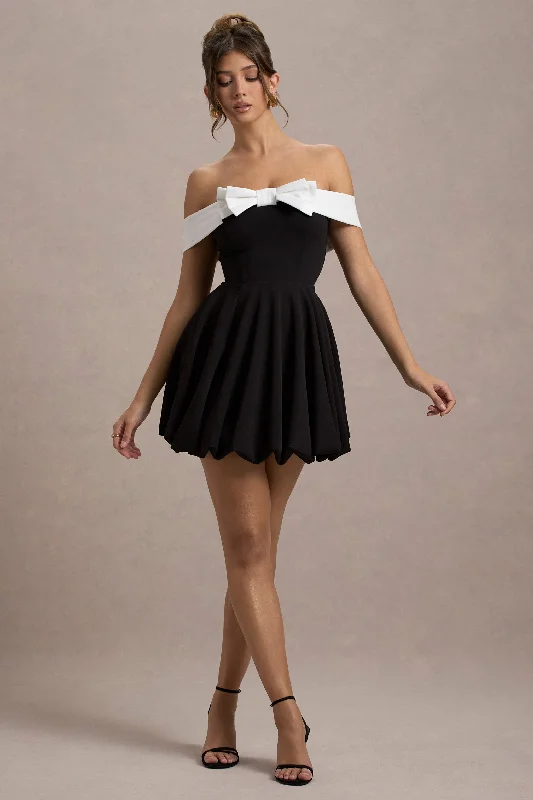 sage green dress-Minimoiselle | Black & White Bow Bardot Mini Dress With Puff-Ball Skirt