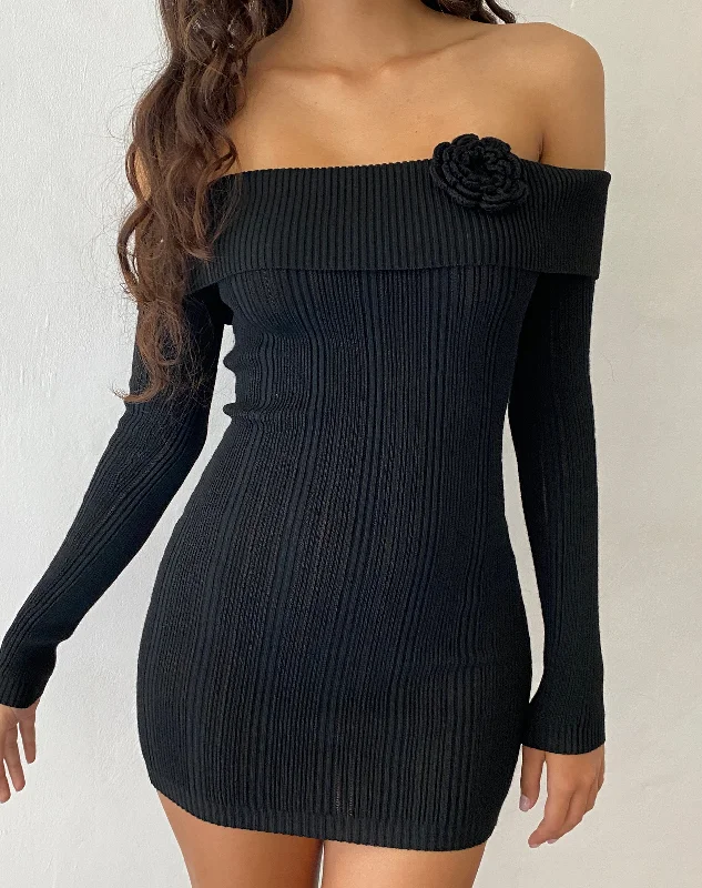 dramatic cocktail dress-Mirabel Knitted Bardot Mini Dress in Black with Rosette