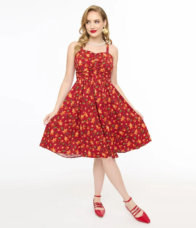 relaxed shift dress-Miss Lulo 1950s Red Gingerbread Man Print Eden Fit & Flare Dress