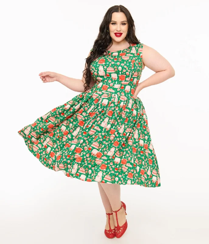 flared sundress-Miss Lulo Plus Size 1950s Green & Red Holiday Cake Lily Swing Dress