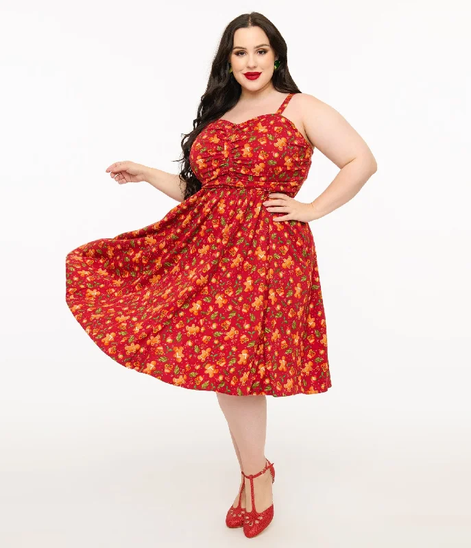 fitted sequin dress-Miss Lulo Plus Size 1950s Red Gingerbread Man Print Eden Fit & Flare Dress