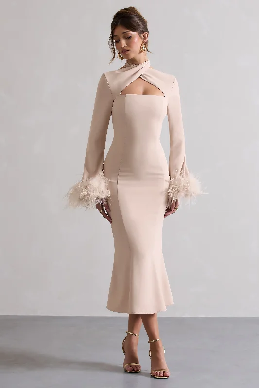 cut-out shoulder dress-Monroe | Champagne Cross Halter-Neck Midi Dress With Feather Cuffs