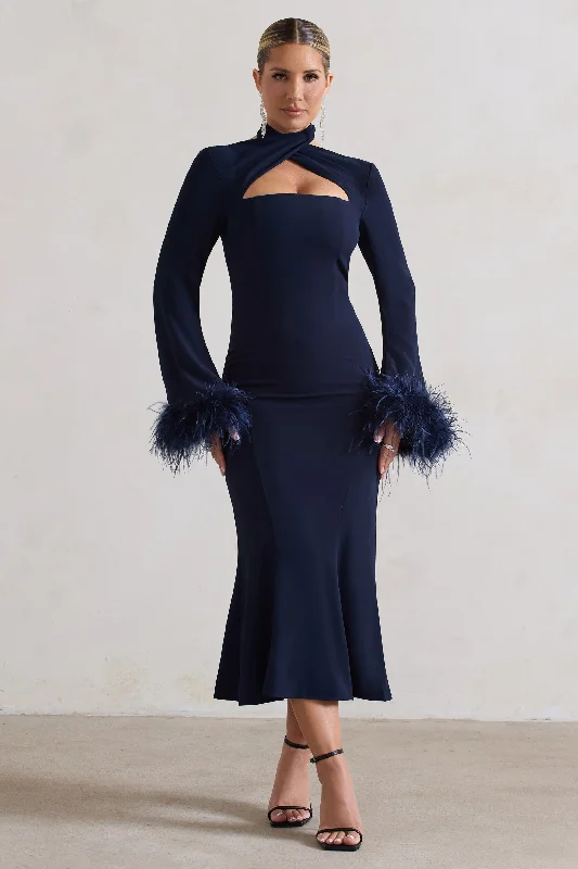 luxurious satin dress-Monroe | Navy Cross Halter-Neck Midi Dress With Feather Cuffs